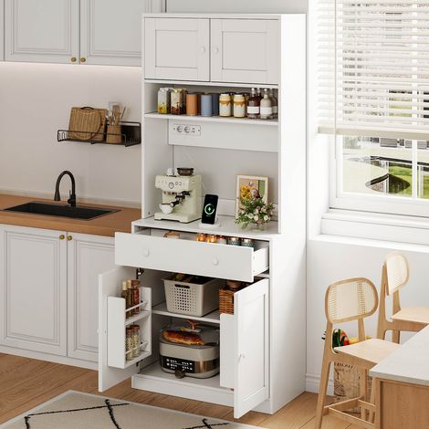 Meuble de rangement cuisine 180 cm, placard mural lumineux LED, colonne avec prise intégrée, étagère à épices et grand tiroir, idéal pour cuisine, salle à manger et séjour. (1/5)