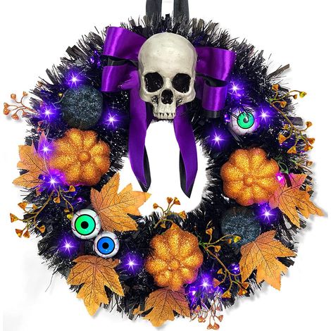 Halloween-Weihnachtskranz, kreisförmiger Kürbisskelettkranz mit schwarzen Ahornblättern und Lichterketten – B