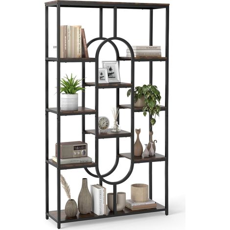 COSTWAY Bibliothèque à 5 Niveaux, Étagère avec Rangement Ouvertes, Étagère Haute Autoportante en Forme Ovale, Cadre en Métal, Organisateur pour Salon, Bureau à Domicile (Brun Rustique + Noir) (1/5)