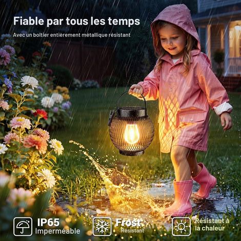 Lot de 2 lanternes solaires d'extérieur à suspendre/à poser - En métal - Avec grande ampoule LED pour l'extérieur - Étanche IP65 - Pour jardin, balcon, cour, terrasse, extérieur - Blanc chaud (1/5)
