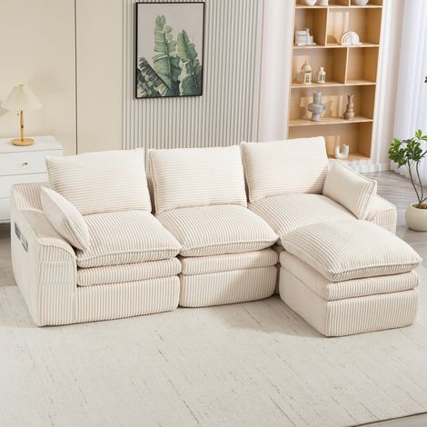 Divano modulare da 3 posti in velluto a coste (panno) con pouf, cuscini e tasche laterali, beige (1/5)