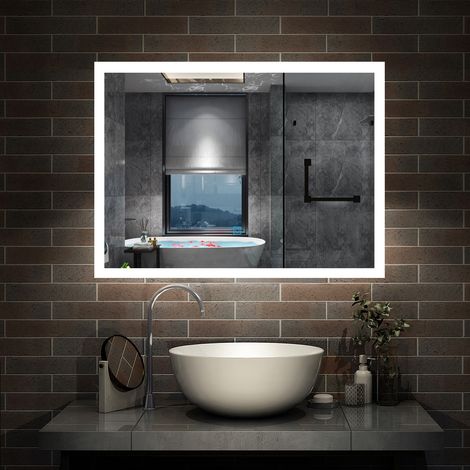 Biubiubath 800x600mm LED Bathroom Mirror with Shaver Socket 3 Lighting Modes Demister