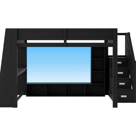 Cama alta 140x200 con escritorio, almacenaje, LED y escalera de almacenamiento negra HOMVRA (1/5)
