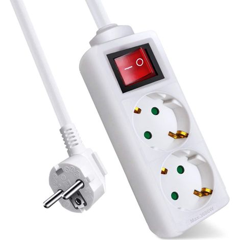Rallonge avec 2 Prises et Interrupteur, câble 5 m, pour la Maison, Le Bureau et Les Voyages, 16 A, 250 V, 3680 W, Blanc (1/5)
