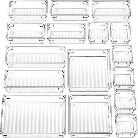 Juego de 16 organizadores de cajones de plástico transparente, 4 tamaños, bandejas organizadoras de cajones multifuncionales para baño y tocador, contenedores de almacenamiento para cosméticos,