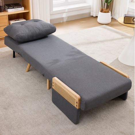 Sillón cama plegable 3 en 1, respaldo reclinable en 5 posiciones, reposabrazos de ratán, lino gris (1/5)