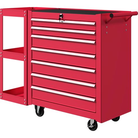 Chariot d'atelier/chariot à outils avec 7 tiroirs, étagère latérale amovible, 4 roulettes avec freins, 96 x 33,5 x 75 cm, rouge (1/5)