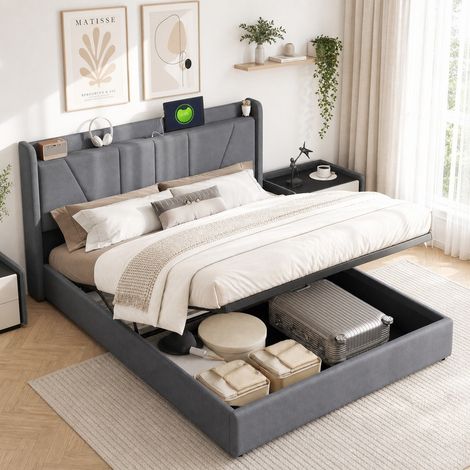 Lit coffre hydraulique 140x200 cm, tissu de lin gris, tête de lit rembourrée, sommier à lattes, rangement spacieux sous le lit, design moderne et épuré