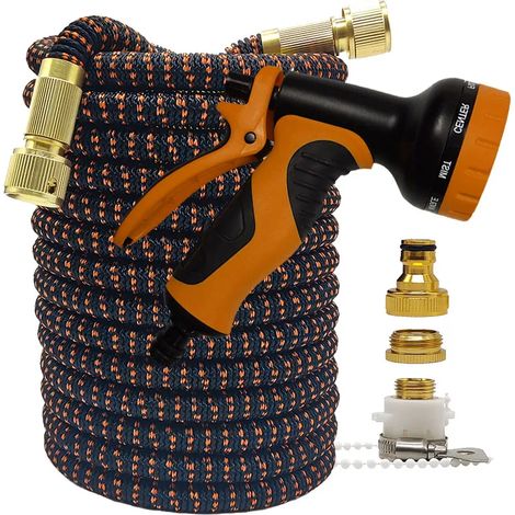 Tuyau d'arrosage haute pression flexible et extensible bicolore (noir et orange avec pistolet, 15 m) pour la maison et le jardin, idéal pour l'irrigation des jardins et des exploitations agricoles, ai