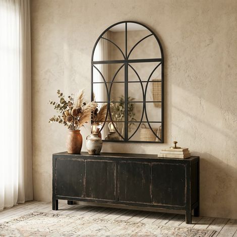 Miroir mural arqué Noir lot 3 pièces verrière forme fenêtre verre trempé/métal 80x120 cm