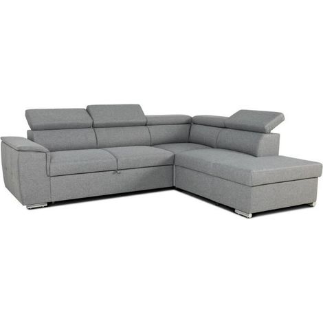 Canapé d'angle convertible gris 5 places – Couchage 117 x 187 cm – Accoudoirs et tétières réglables – Coffre de rangement 90 litres (1/5)