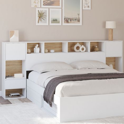 CAMPHA Cabecero exento de 240 cm con mesillas de noche de madera y blancas + cajones + hornacinas
