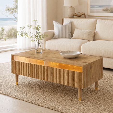Tavolino da caffè 110x50x40 cm in MDF effetto legno e oro con LED e 2 cassetti – MEUBLIV (1/5)