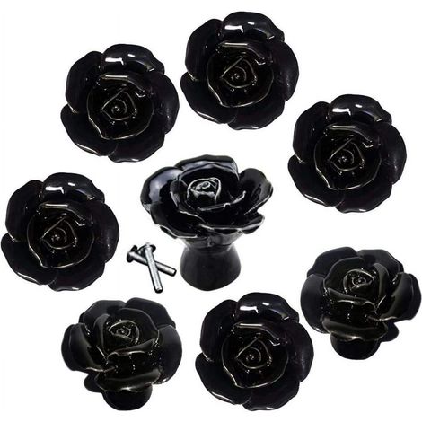 Poignées de porte, poignées de meuble, boutons de meuble en céramique noire avec rosace (1/5)