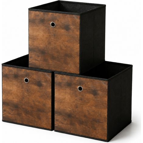 Lot de 3 boîtes de rangement pliables en tissu avec couvercle, cube 30 x 30 x 30 cm, vêtements jouets, brun vintage noir (1/5)