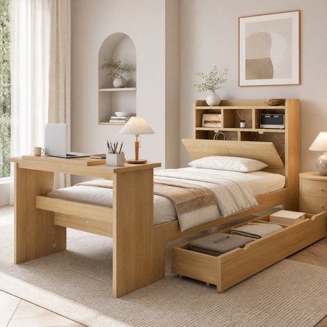 Lit enfant et ado 90x200 cm avec rangement, étagère tête de lit, tiroir et table pliable (1/5)