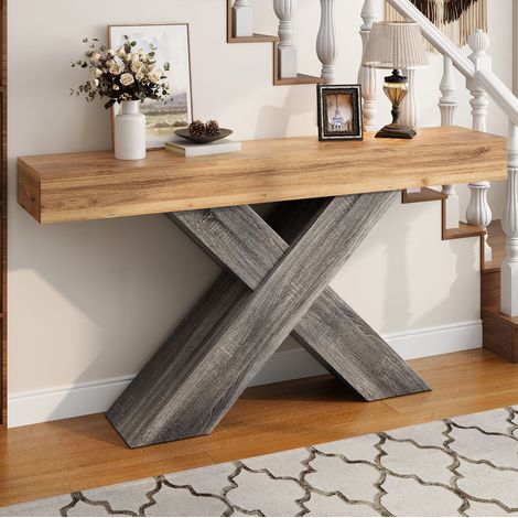 Tavolo consolle 140x30x80 cm naturale in pannello truciolare con struttura a X salvaspazio (1/5)