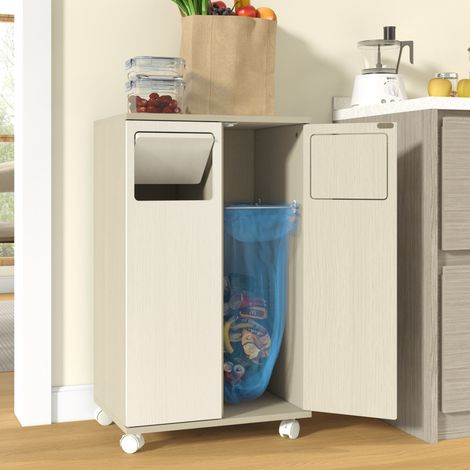 Meuble de Tri Sélectif - 46,7x35x80cm - Poubelle de Cuisine 2 Compartiments Mobile avec Roulettes - Blanc et Bois Clair (1/5)