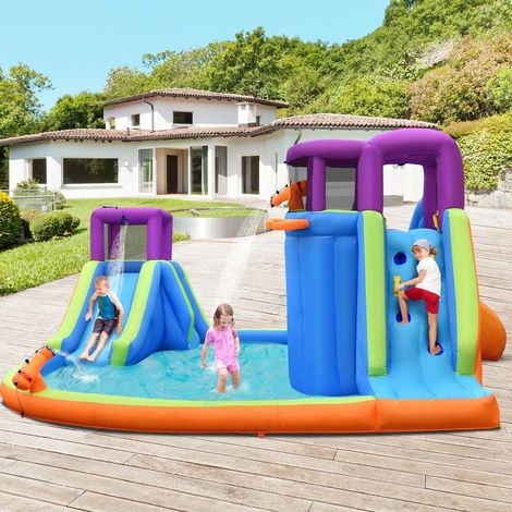 Amusement d’été en plein air, château gonflable avec toboggan aquatique 6-en-1, 4 jets d’eau pour jardin (1/5)