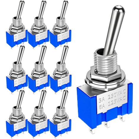 10 Interrupteur à bascule,SPDT 3 positions,Métal et plastique,6A 125V,Bleu et argent,Pour électronique et électroménager (1/5)