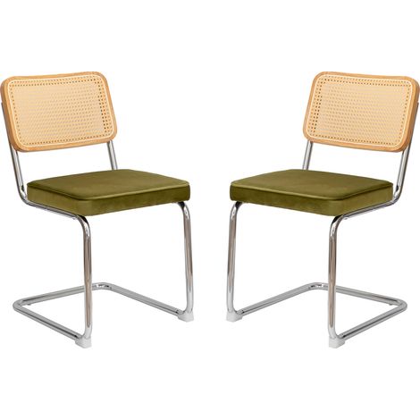 Ensemble de 2 chaises de salle à manger en velours avec dossier en rotin et pieds chromés, style milieu du siècle (1/5)