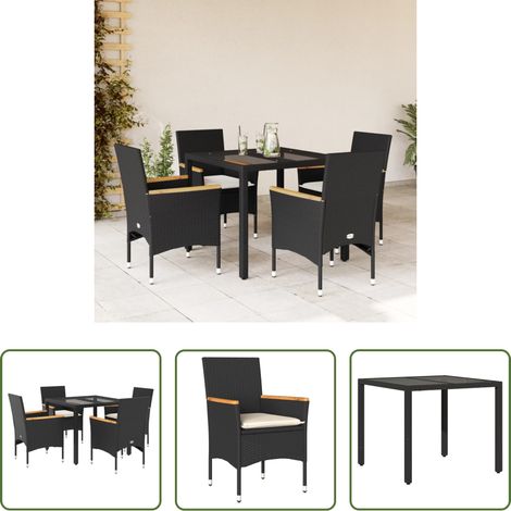 Table de jardin - Ensemble à manger de jardin et coussins 5 pcs noir rotin verre (1/5)