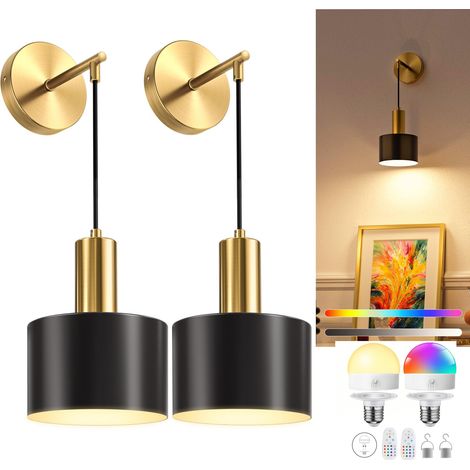 Zwei batteriebetriebene Wandleuchten mit kabelloser Ladefunktion, inklusive Leuchtmittel und Fernbedienung, geeignet für Schlafzimmer, Wohnzimmer und Flure - schwarz.