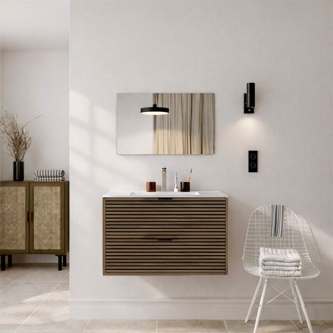 Mobile da bagno scanalato legno e nero, 80 cm - 2 cassetti, lavabo e specchio - MALO
