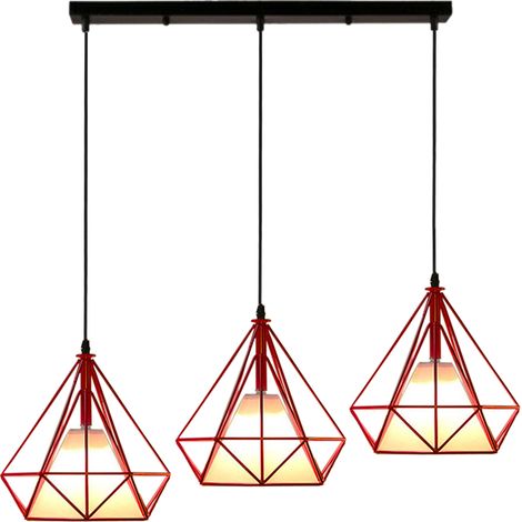 3 Lumière Suspension Rétro Industrielle Cage Diamant en Métal E27 Lustre Suspension 25cm Rouge (1/5)