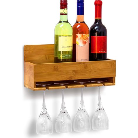 Étagère à vin Porte-verres fixation murale Porte-bouteilles Support bouteilles vin bambou HxlxP: 17 x 36 x 11,5 cm 4 bouteilles (1/5)