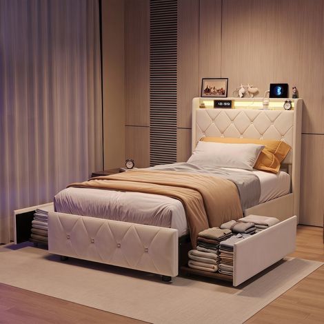 Letto singolo 90x200 cm con LED RGB smart, testiera con vani portaoggetti, struttura letto con 2 cassetti, rivestimento in velluto, Beige (1/5)