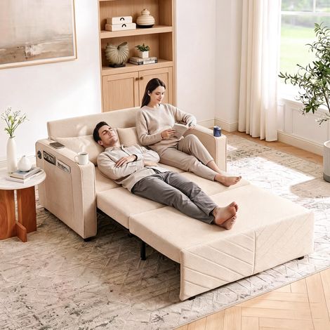 REDOM - Sofá cama convertible, transformación deslizante, puertos USB integrados, función sofá cama chaise longue, madera y tela beige (1/5)