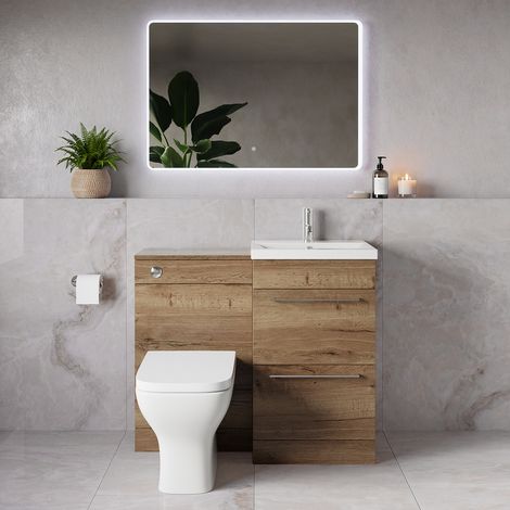 Napoli 390 Tobacco Oak 1000mm 2 Drawer Vanity Unit Toilet Suite with Glide Basin - 1000mm - Chrome 320mm HandleWith Kingston Toilet Pan and Seat