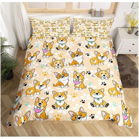 Chien de Compagnie en Dessin Animé Parure de Lit 140x200 cm Chien Corgi Housse de Couette pour Enfant GarçOn- QTG (1/4)