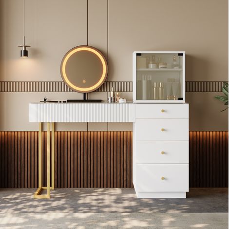 Coiffeuse 120 x 40 x 120 cm avec miroir LED, 5 tiroirs, meuble et verre trempé blanc HAVRYA (1/5)