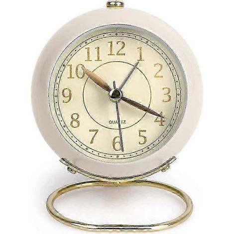 Réveil analogique silencieux avec lumière, sans tic-tac, alimenté par piles, style rétro, idéal pour les dormeurs agités, blanc. (1/2)