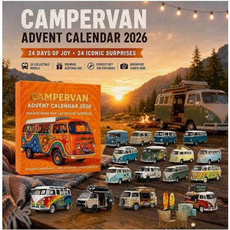 Calendrier de l'Avent 2026 camping-car – 24 figurines vintage en acrylique – Boîte orange « Road Trip des Fêtes » – Décoration Noël – Wetrunner