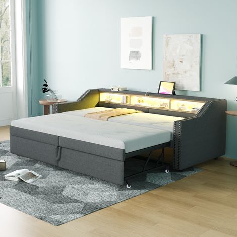 Ausziehbares Polsterbett & Schlafsofa mit Stauraum, LED-Beleuchtung und USB-Anschluss, 90x200 bis 180x200 cm, Leinenstoff, Dunkelgrau (1/5)