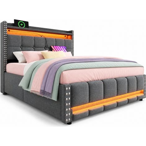 CHICFURN lit double rembourré gris avec rangement tête de lit LED USB 140 x 200 (1/5)