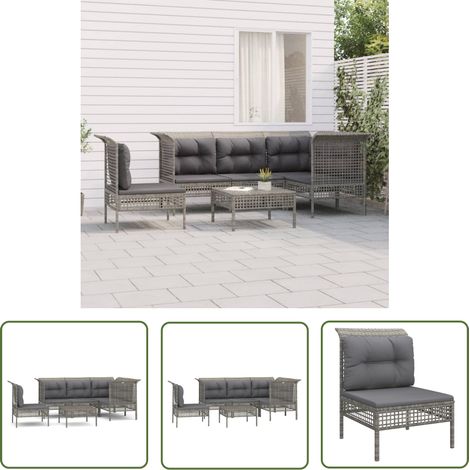 The Living Store 6-tlg. Garten-Lounge-Set mit Kissen Grau Poly Rattan - Garten Möbel - Loungesessel - Gartenloungeset - Outdoor Furniture - Rattan Möbel (1/5)