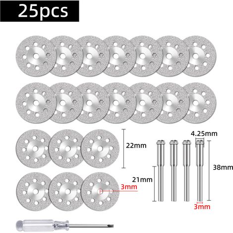 25 mole diamantate (22 mm) con mandrino 402 (3 mm), 5 pezzi e cacciavite per utensili rotanti Dremel, dischi da taglio per pietra e vetro