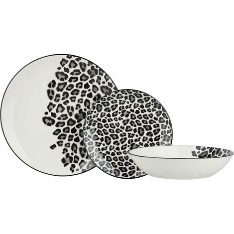 Service de Table en Porcelaine New Bone de 18 pièces pour 6 Personnes - Assiettes Plates, Creuses, Assiettes à Dessert - Colori Noir, Décor LEOPARD (1/5)