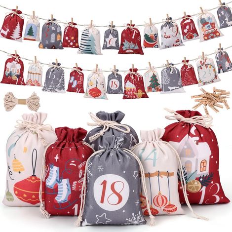 Calendrier de l'Avent Vide a Remplir Soi Meme en Tissu, 24pcs Pochette Sac Calendrier de l'avent Mural pour DIY Cadeau Noel Décoration (1/5)