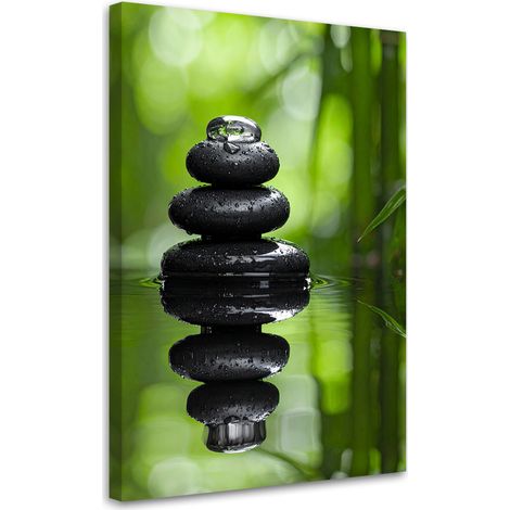 Impression sur Toile, Pierres noires feuilles bambou zen,20x30 (1/4)