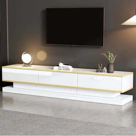 TV-Schrank aus Spanplatte in Warmweiß mit Goldrand, 200,0 x 40,0 x 40,0 cm, Hochglanz, 3 Schubladen, offene Fächer (1/5)