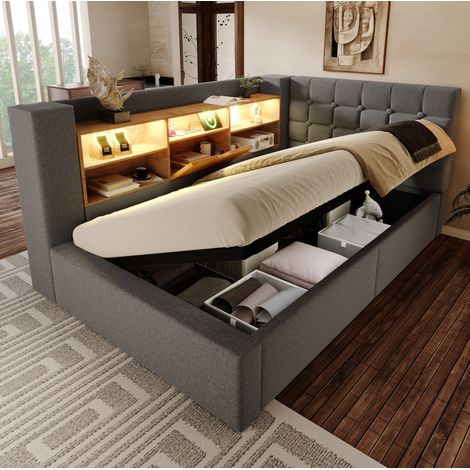 Cama con almacenaje 90x200 cm gris en lino con LED, puertos USB y cabecero reversible (1/5)