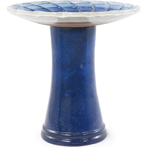 Bain d'oiseaux en céramique fait main Ø 43 cm avec socle haut, finition brillante dégradé bleu roi et blanc, résistant aux intempéries (1/5)