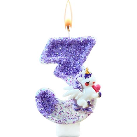 Bougie 3 ans pour fille - Licorne - Décoration de gâteau 3D - Arc-en-ciel - Bougie d'anniversaire - Chiffres 3 violet - Décoration de gâteau pour fille de 3 ans (1/5)