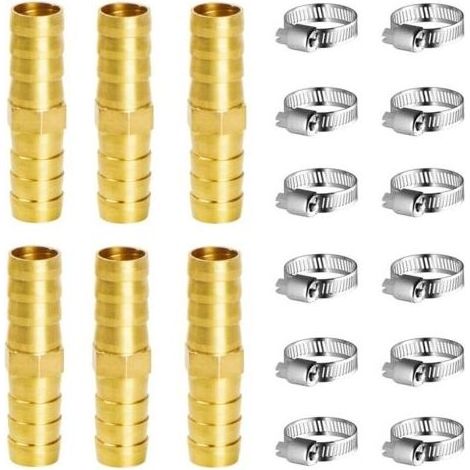 Raccord en Laiton de Tuyau Raccord Pneumatique 10mm, 6 Pièces Connecteur de Tuyau en Laiton pour Carburant Air Eau Gaz Huile, Avec pinces (I) (1/5)