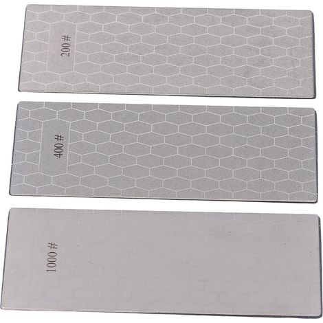 Lot de 3 pierres à aiguiser avec base antidérapante, grains 200, 400 et 1000, pour la cuisine et l'extérieur. (1/5)